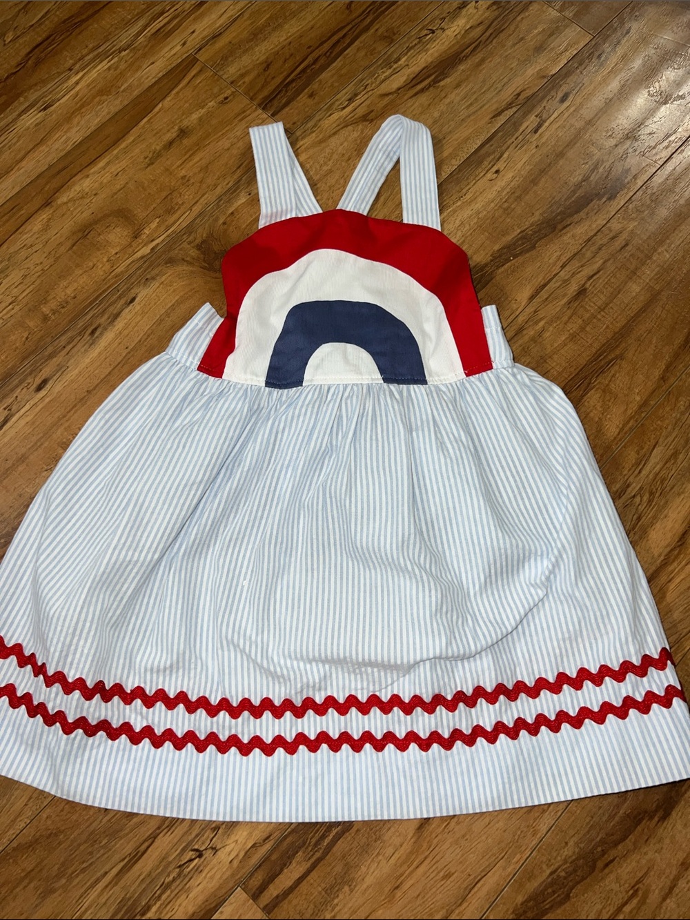Girls Red & Navy Stripe Sundress with Rainbow Appliqué